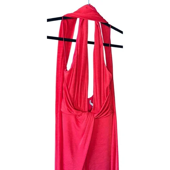 Alice + Olivia Reese New Ruby Red Gown – Size 6 – Deep V, Scarf Neck, Slit, Form - Picture 5 of 8